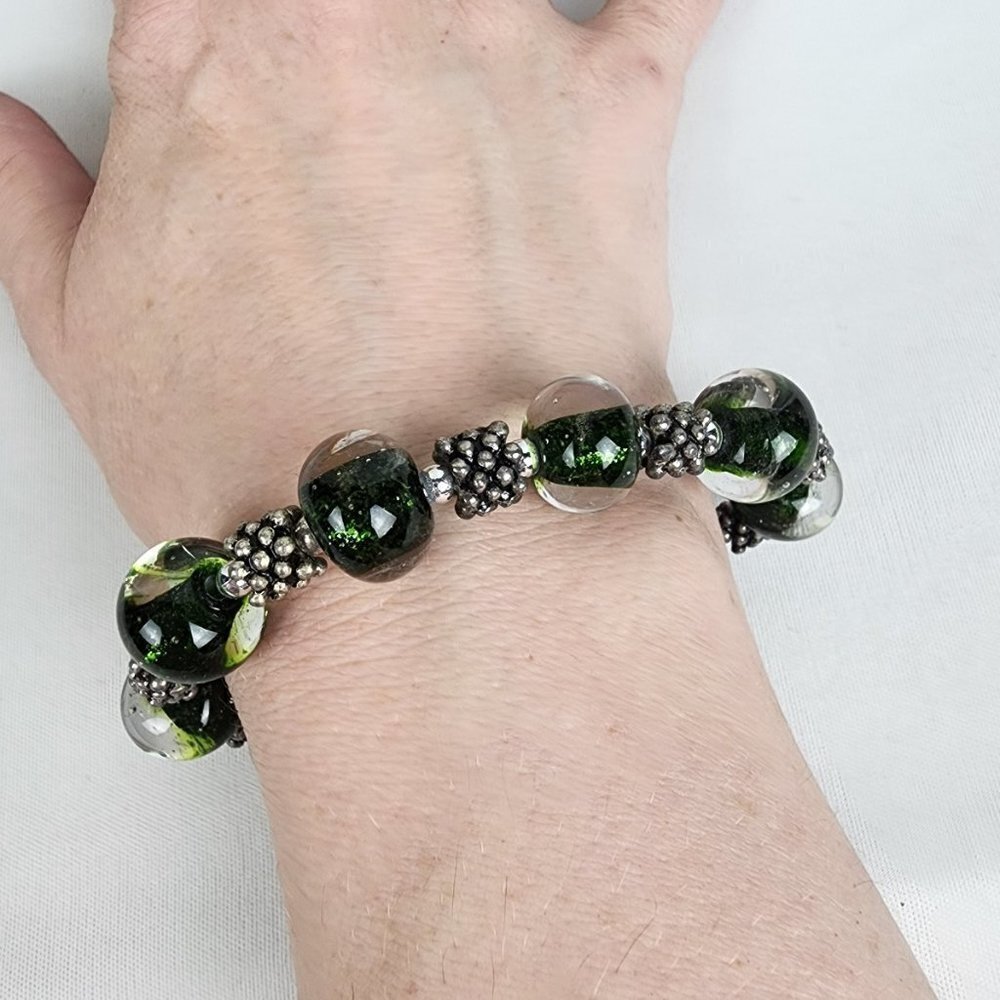 Silver Tone Green Glass Beaded Bracelet